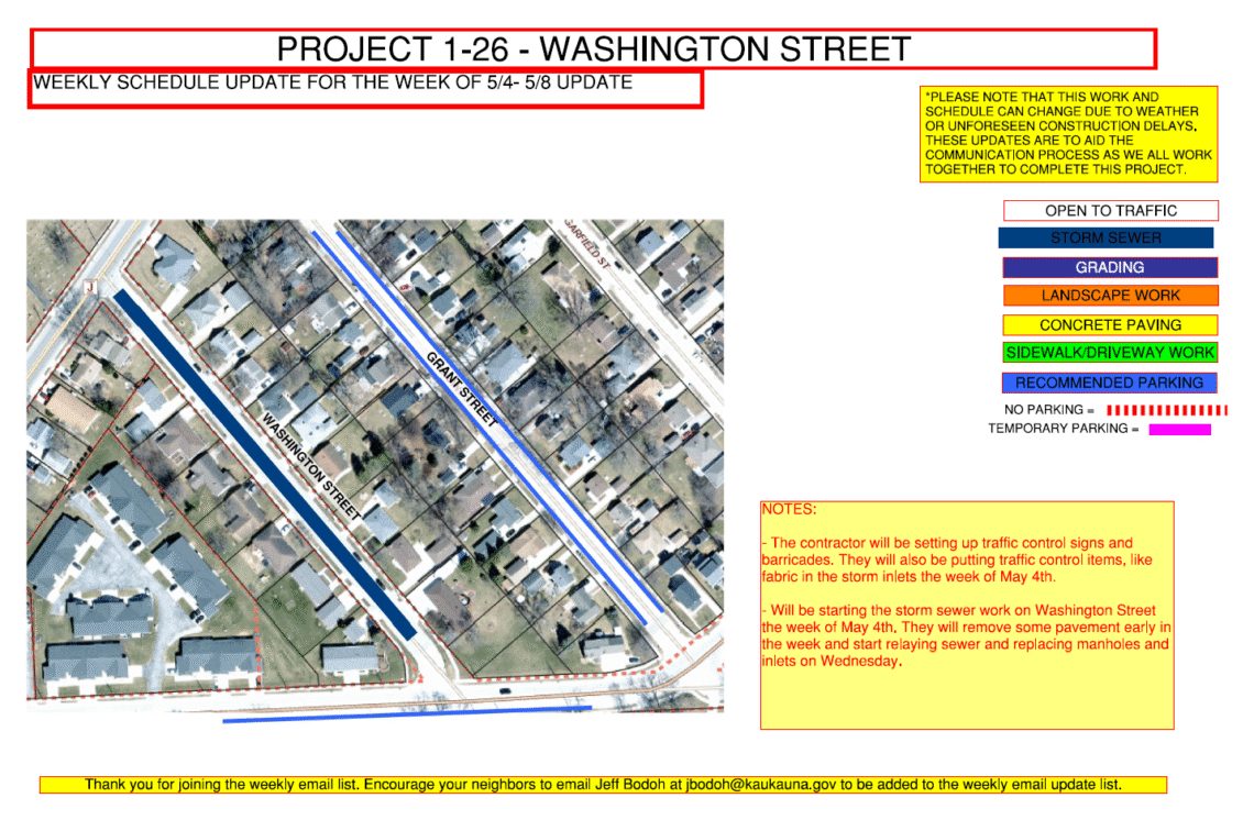 Image of a map for Project 1-26 weekly update for may 4-may 8 showing the work being done to Washington Street