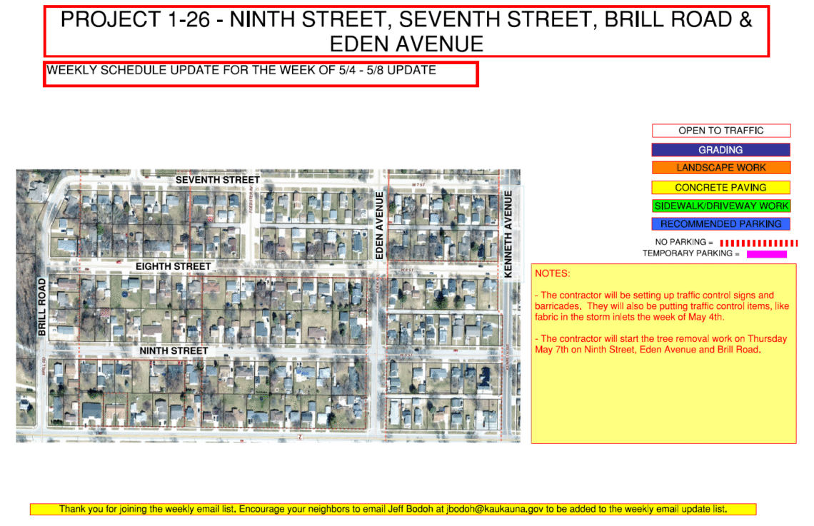Image of a map for Project 1-26 weekly update for may 4-may 8 showing the work being done to ninth street, seventh street, brill road, and eden ave