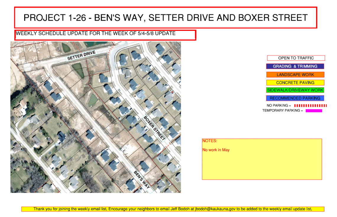Image of a map for Project 1-26 weekly update for may 4-may 8 showing Ben's Way, Setter Drive, and Boxer Street with a note that says no work in May
