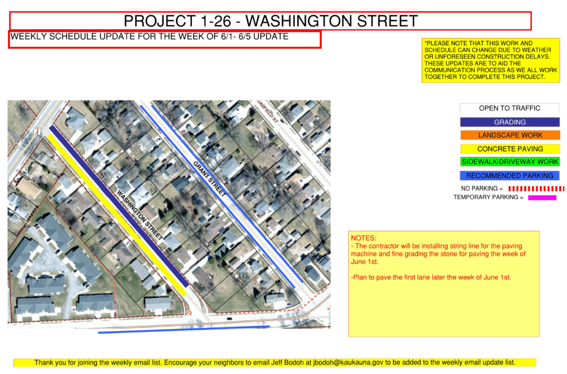 Image of a map for Project 1-26 weekly update for June 1-5 showing the work being done to Washington Street and recommended parking on Grant Street.