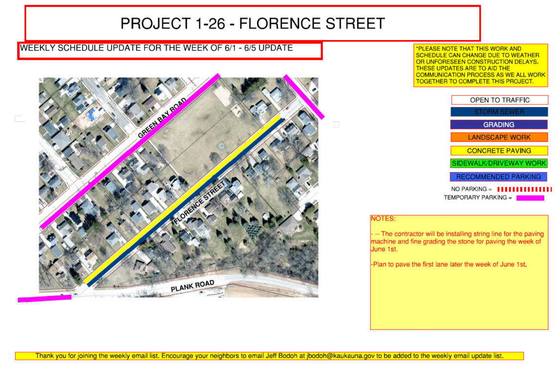Image of a map for Project 1-26 weekly update for June 1-5 showing the work being done to Florence Street with temporary parking on Green Bay Road.