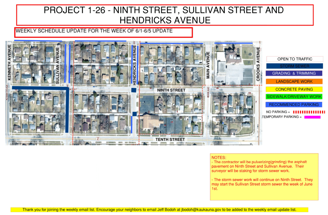 Image of a map for Project 1-26 weekly update for June 1-5 showing the work being done to Ninth Street and Sullivan Avenue, with recommended parking on Hendricks Avenue