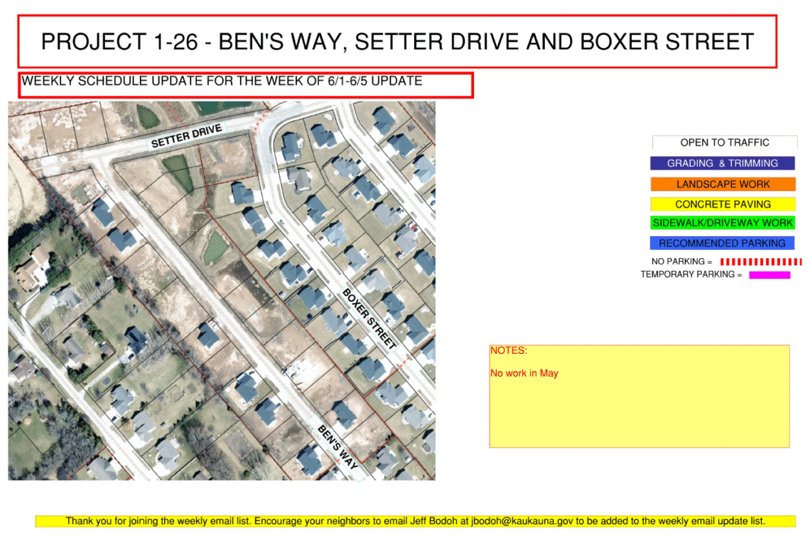 Image of a map for Project 1-26 weekly update for June 1-5 showing Ben's Way, Setter Drive, and Boxer Street with a note that says no work in May