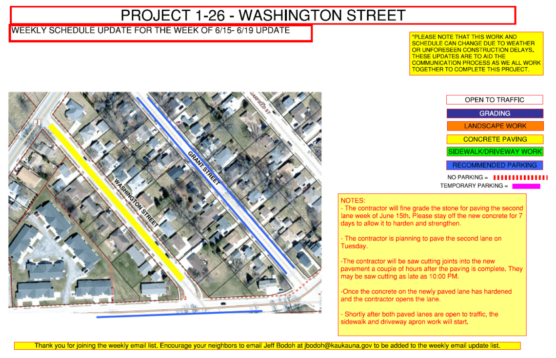 Image of a map for Project 1-26 weekly update for June 15-19 showing the work being done to Washington Street and recommended parking on Grant Street.