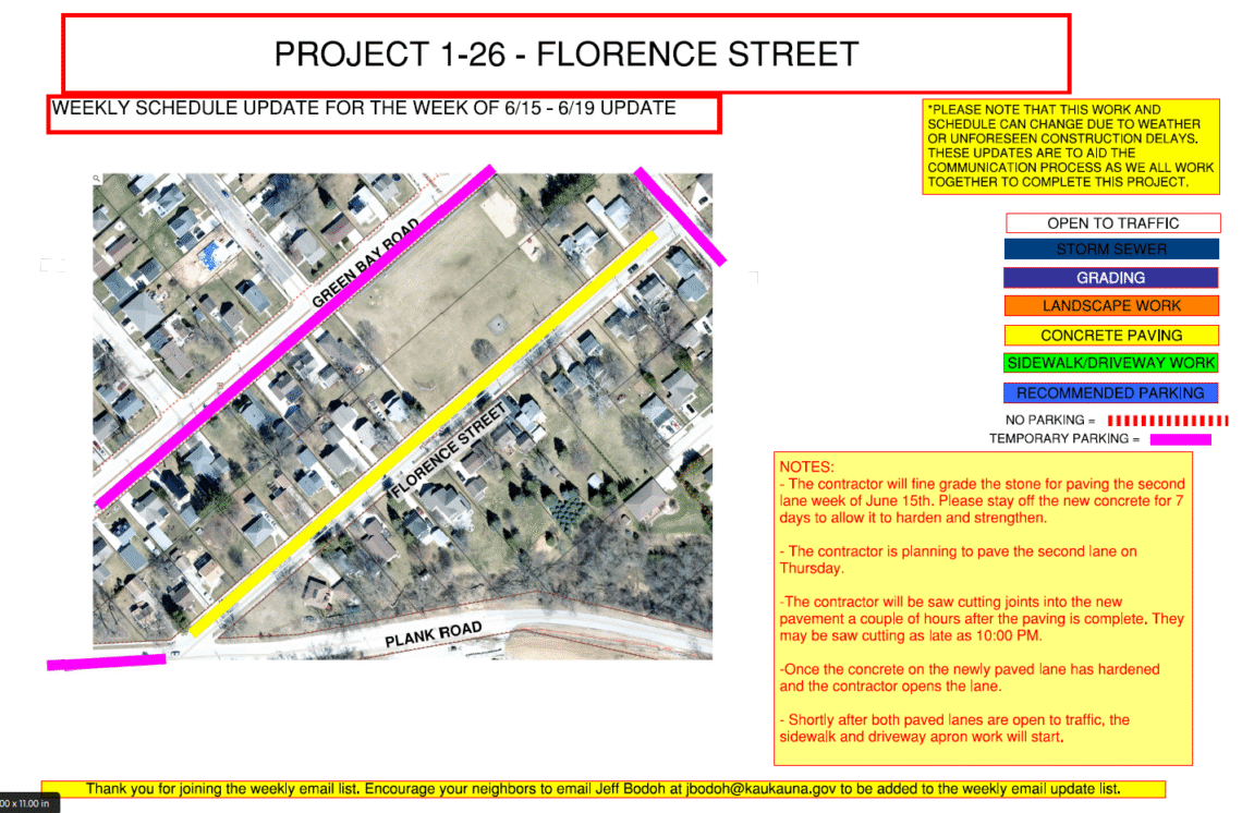 Image of a map for Project 1-26 weekly update for June 15-19 showing the work being done to Florence Street with temporary parking on Green Bay Road.