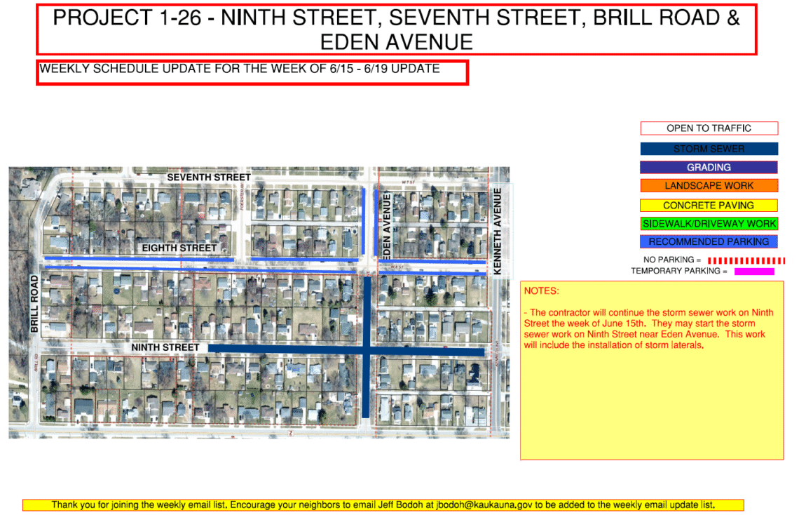 Image of a map for Project 1-26 weekly update for June 15-19 showing the work being done to ninth street, and eden avenue. Suggested parking on eighth street.