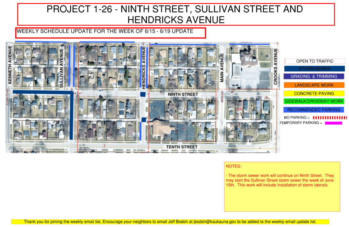 Image of a map for Project 1-26 weekly update for June 15-19 showing the work being done to Ninth Street and Sullivan Avenue, with recommended parking on Hendricks Avenue