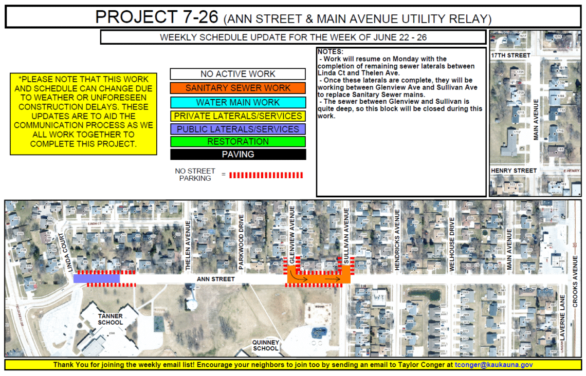 Image shows a map of work being done on Ann St. near Linda Court, Glenview Avenue, and Sullivan Avenue.