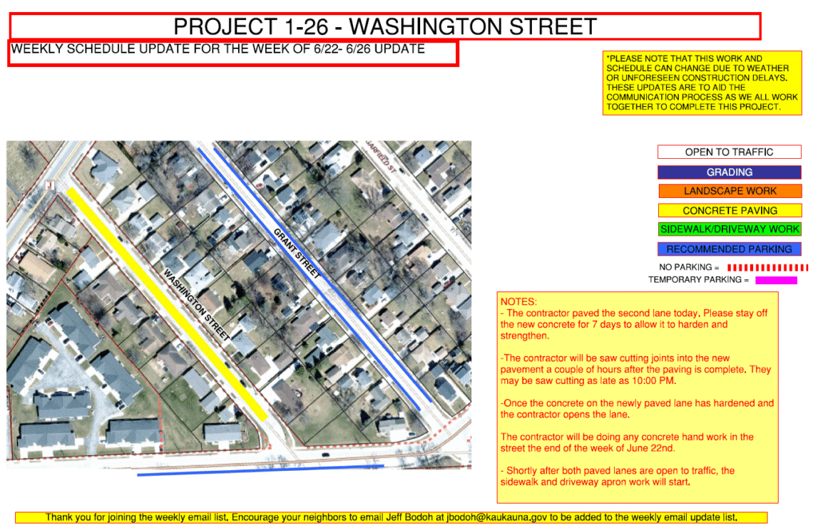 Image of a map for Project 1-26 weekly update showing the work being done to Washington Street and recommended parking on Grant Street.