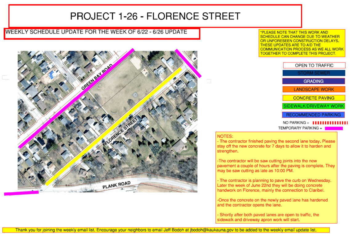 Image of a map for Project 1-26 weekly update showing the work being done to Florence Street with temporary parking on Green Bay Road.