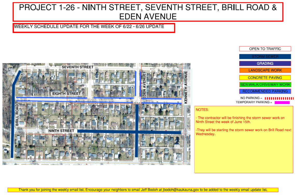 Image of a map for Project 1-26 weekly update showing the work being done to ninth street, and eden avenue. Suggested parking on eighth street.