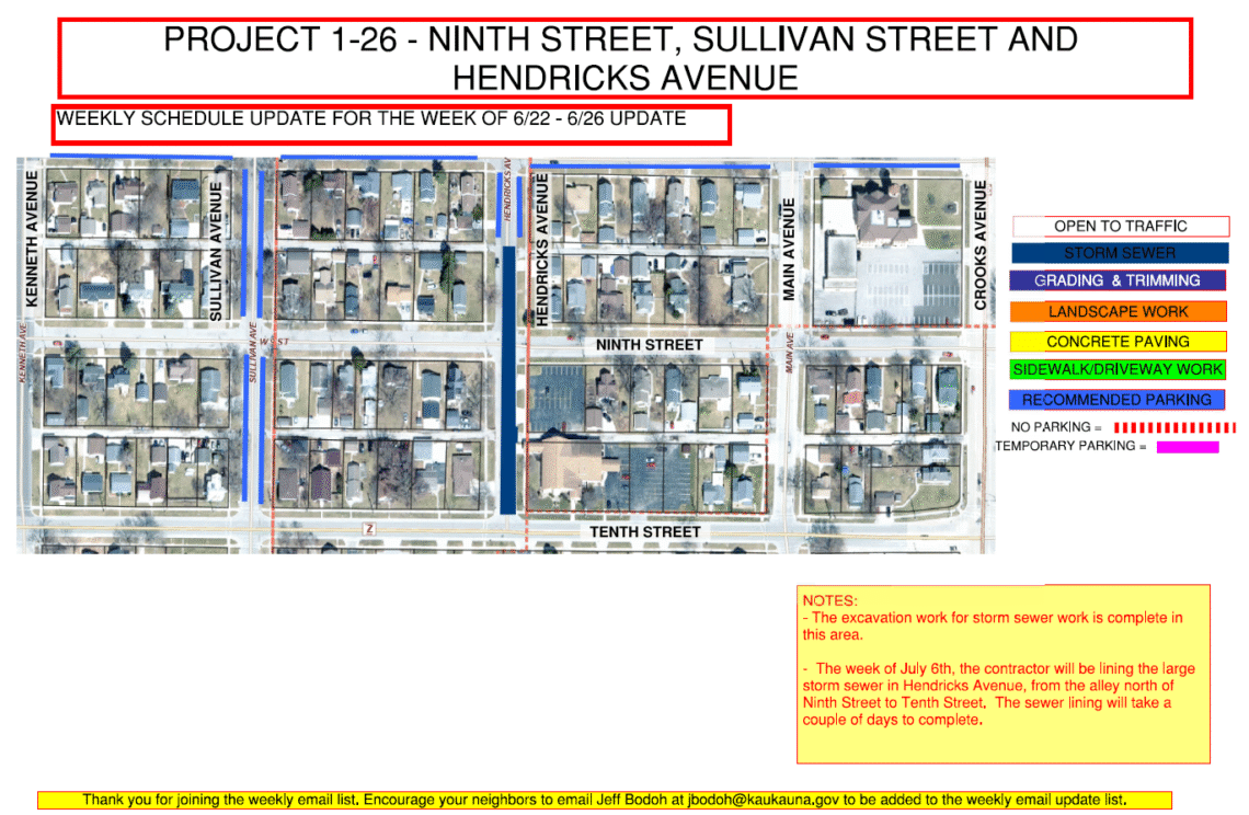 Image of a map for Project 1-26 weekly update for June 15-19 showing the work being done to Hendricks Avenue with recommended parking on Sullivan Avenue