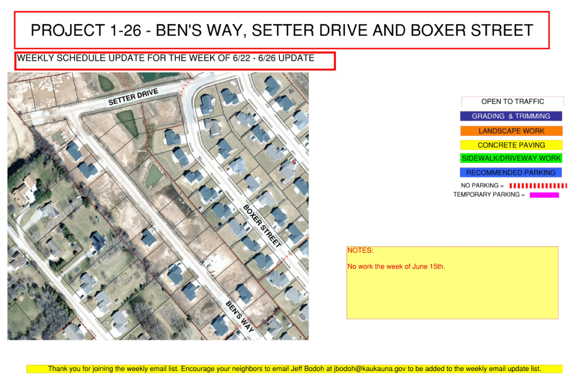 Image of a map for Project 1-26 weekly update showing Ben's Way, Setter Drive, and Boxer Street with a note that says no work