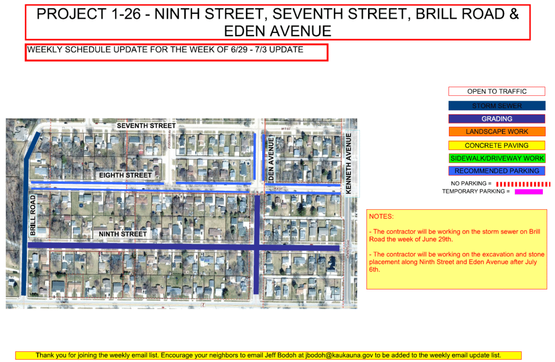 Image of a map for Project 1-26 weekly update showing the work being done to ninth street, and eden avenue. Suggested parking on eighth street.