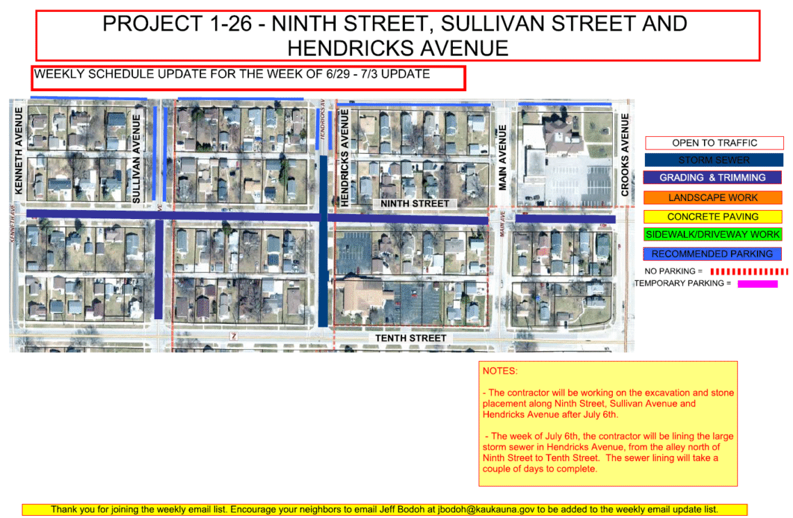 Image of a map for Project 1-26 weekly update for June 15-19 showing the work being done to Hendricks Avenue with recommended parking on Sullivan Avenue