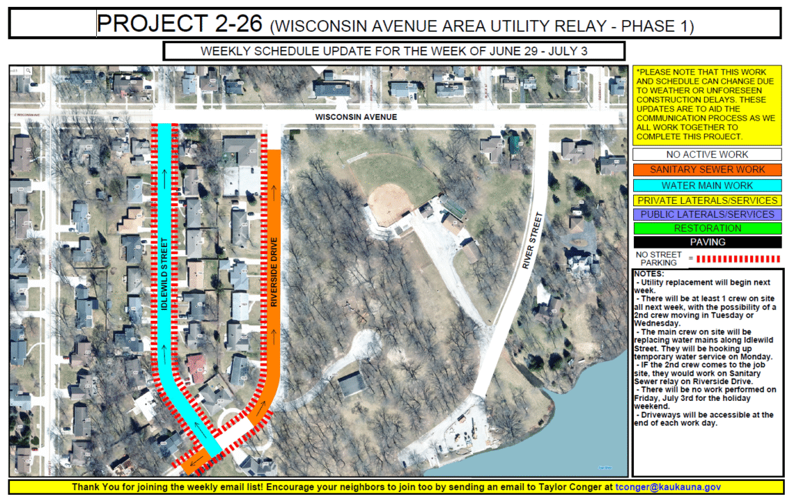 Map showing water main work to be done on Idlewild Street and Sanitary Sewer work to be done on Riverside Drive