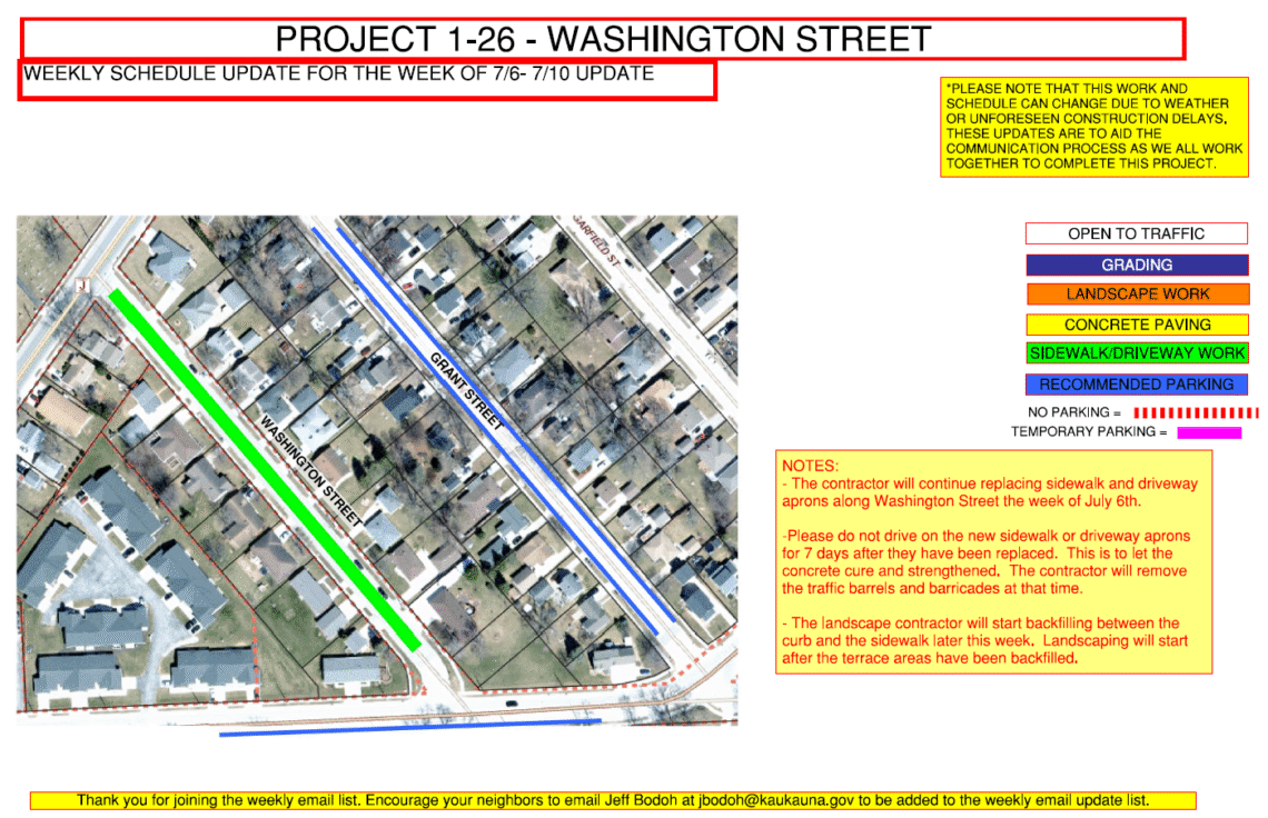 Image of a map for Project 1-26 weekly update showing the work being done to Washington Street and recommended parking on Grant Street.