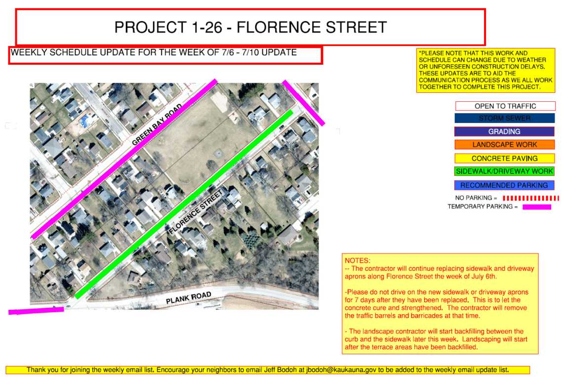 Image of a map for Project 1-26 weekly update showing the work being done to Florence Street with temporary parking on Green Bay Road.