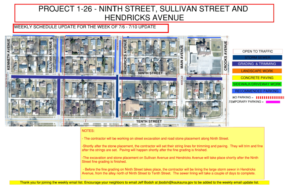 Image of a map for Project 1-26 weekly update for June 15-19 showing the work being done to Hendricks Avenue with recommended parking on Sullivan Avenue