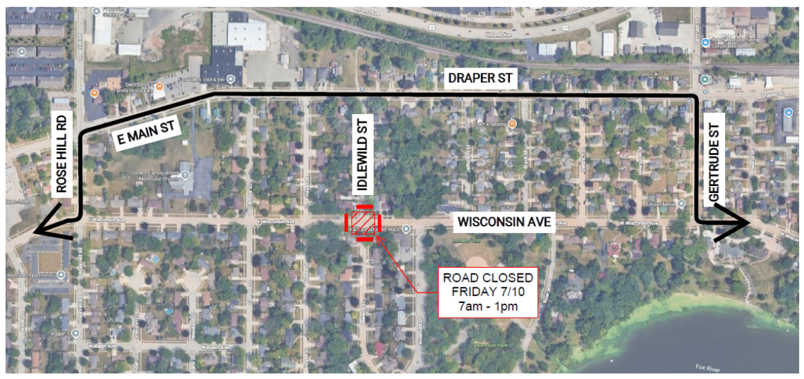 map of the detour going down Gertrude St, Draper St, and Rosehill Road.