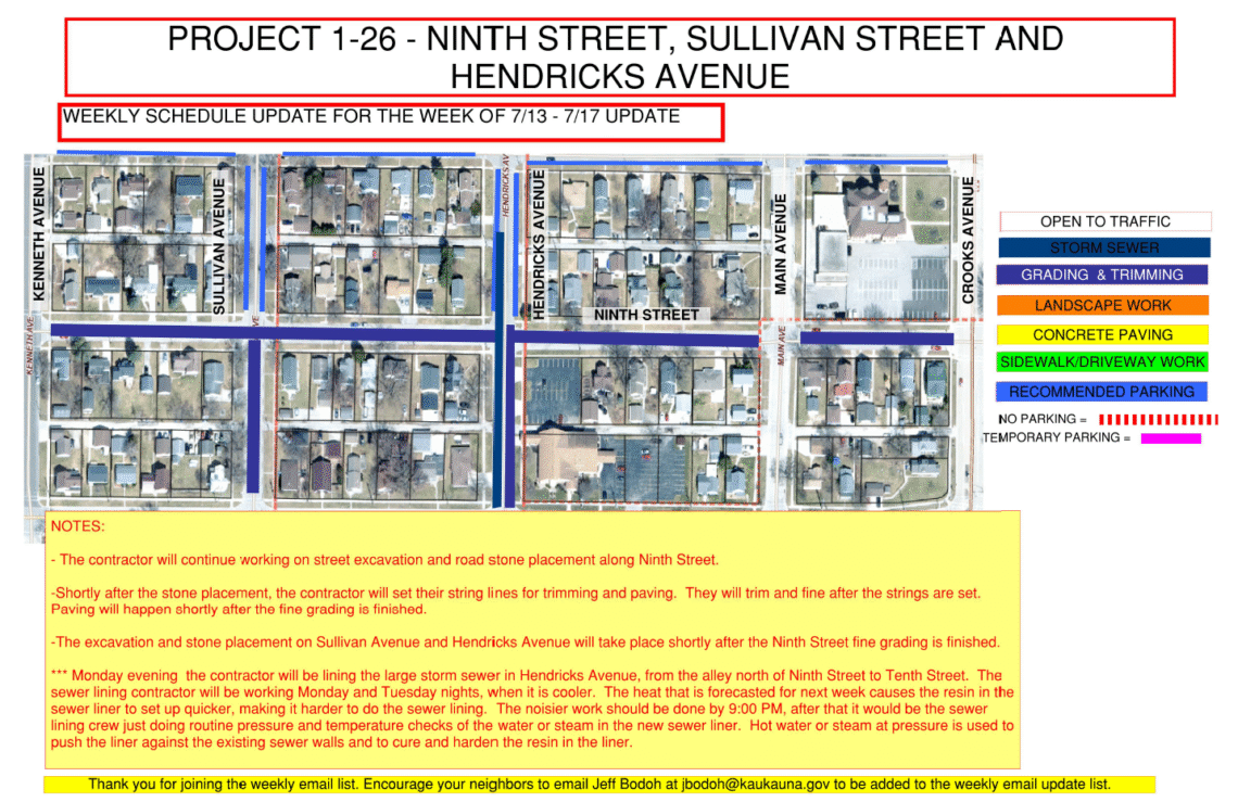 Image of a map for Project 1-26 weekly update for June 15-19 showing the work being done to Hendricks Avenue with recommended parking on Sullivan Avenue