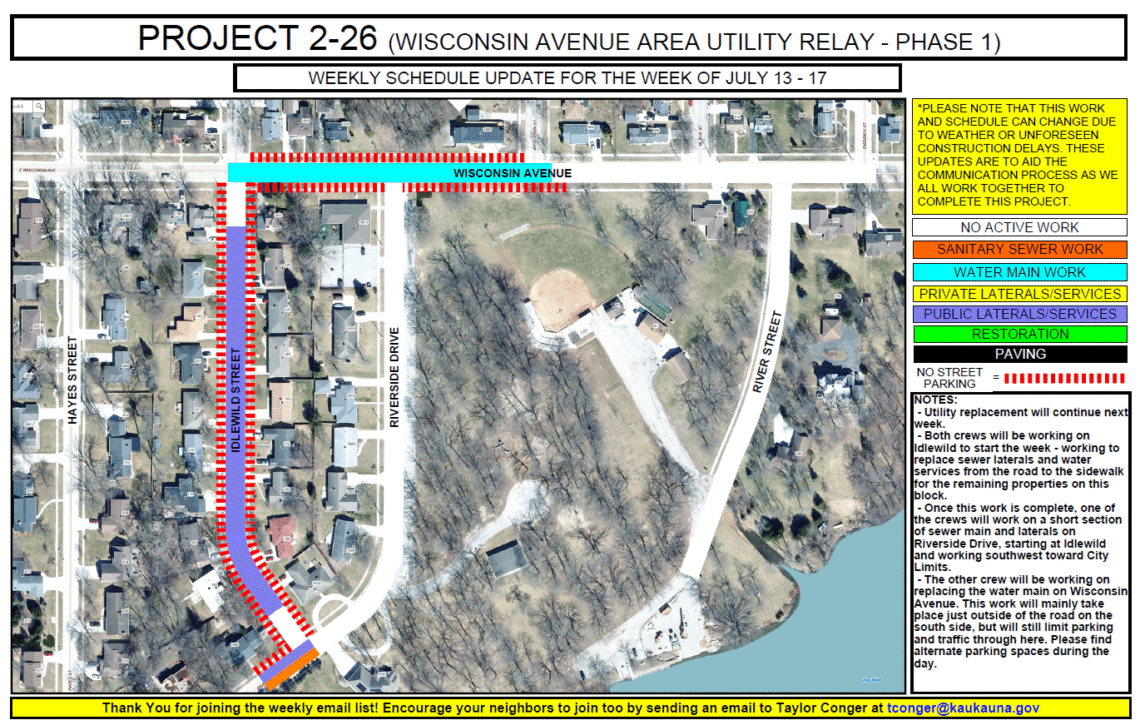 Map showing water main work being done on Wisconsin Ave and lateral services work being done on Idlewild St.
