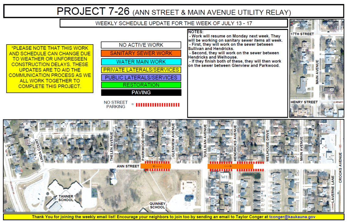 Map of sanitary sewer work being done on Ann Street between Parkwood Drive and Glenview Avenue and between Sullivan Ave and Welhouse Drive