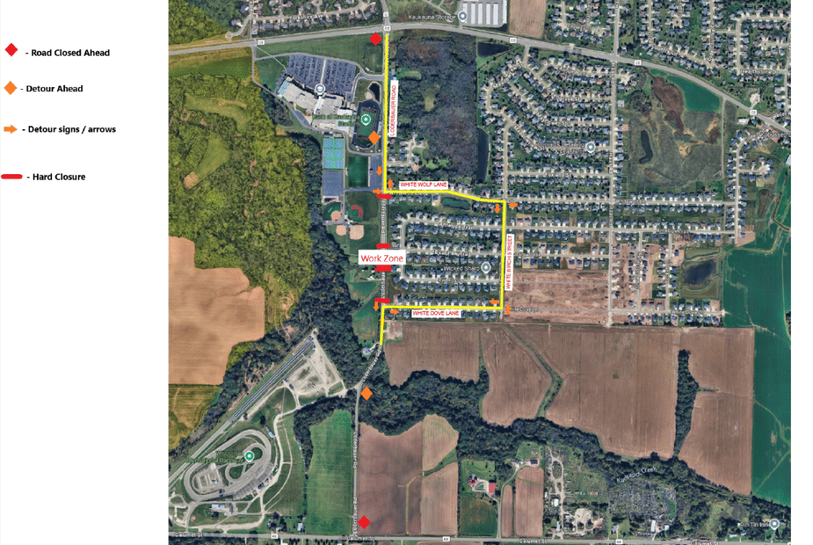 map shows detour around Loderbauer Road closure via White Wolf Lane, White Birch Street, and White Dove Lane.