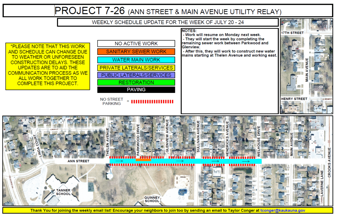 Map showing water main work along Ann Street from Thelen Ave to Wellhouse Drive. Remaining sewer work between Parkwood and Glenview will also be done