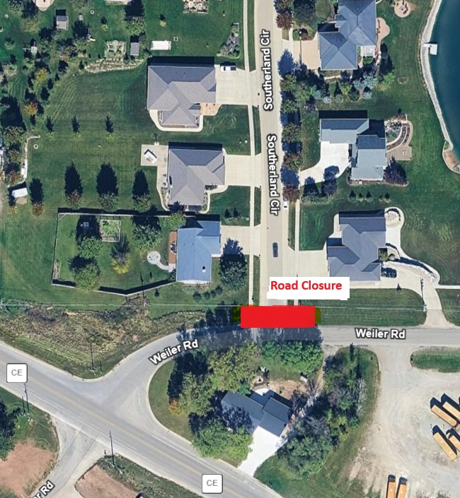 map shows closure of Southerland Circle right before the intersection of Southerland and Weiler Road.