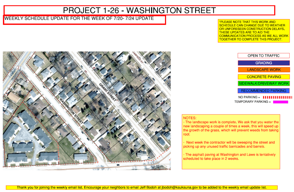 Map showing Washington Street open to traffic