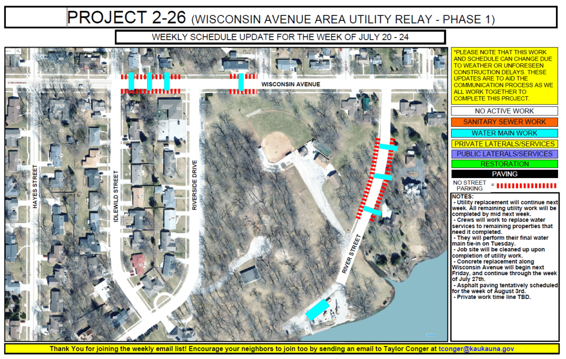 Map showing water main work in various sections of Wisconsin Avenue and River Street