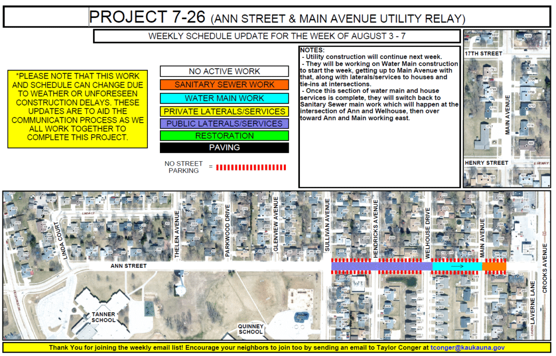 Map showing public lateral services to be done on Ann Street from Sullivan Ave through Wellhouse Drive, water main work to be done from Wellhouse Drive to Main Avenue, and Sanitary sewer work from Main Avenue part way to Laverne Lane