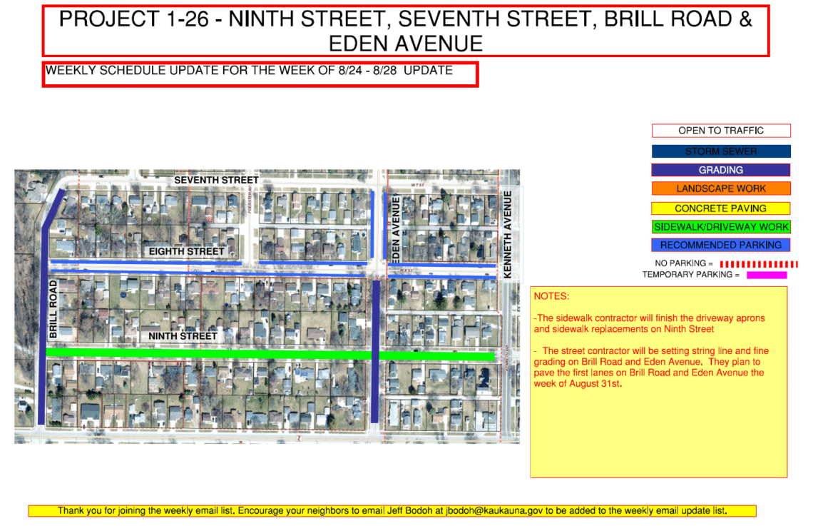 map showing grading on brill road and eden avenue from eighth street to tenth street. Also shows sidewalk and driveway work on ninth street between brill and kenneth ave