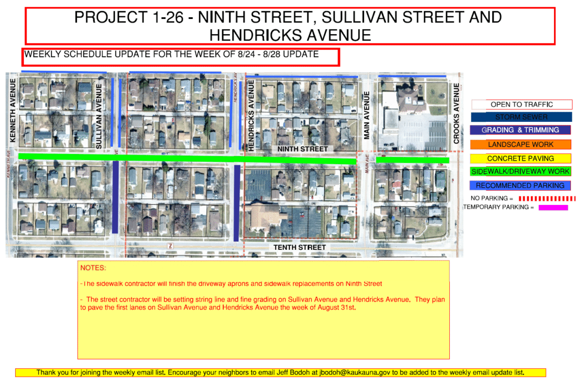 Map shows sidewalk and driveway work on ninth street from kenneth ave to Crooks Ave and grading on Sullivan Ave and Hendricks Ave from Ninth Street to Tenth Street