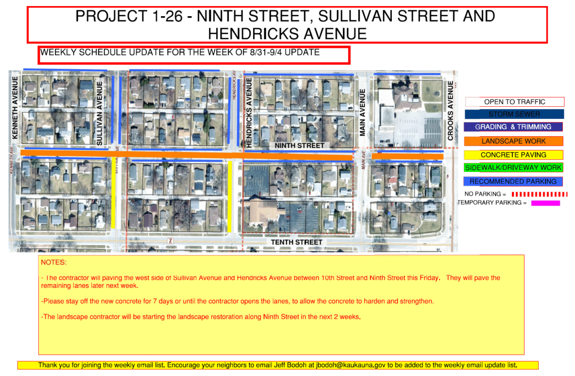 Map showing Landscape work on Ninth Street and Concrete Paving on Sullivan Ave and Hendricks Ave from Tenth Street to Ninth Street.