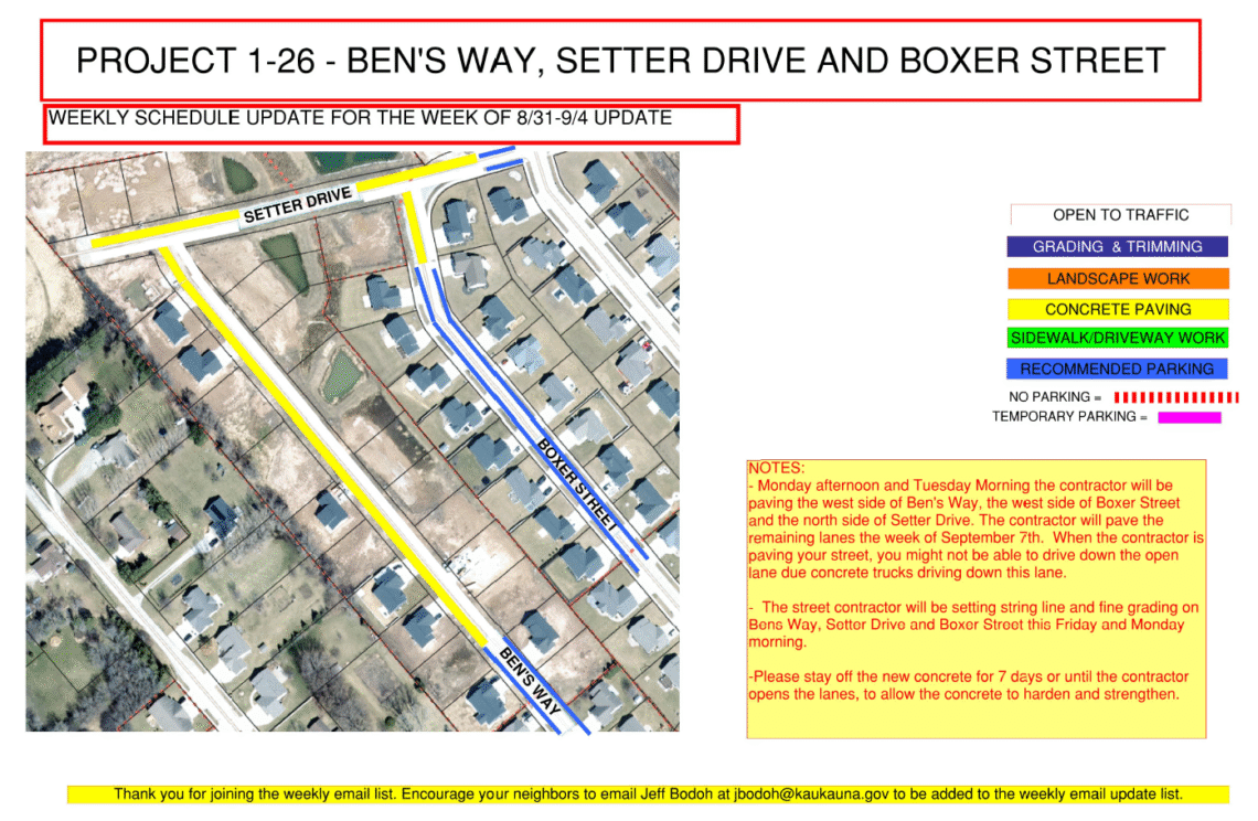 Map showing Concrete Paving on Setter Drive and a small section of Boxer Street and a larger section of Ben's Way