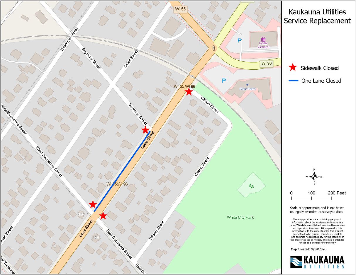 A map showing a section of Kaukauna with Kaukauna Utilities Service Replacement information. It highlights West 10th Street between Main Avenue and Hendricks Avenue, indicating a sidewalk closure with red stars and a one-lane road closure in blue. Nearby locations include White City Park and surrounding residential areas.