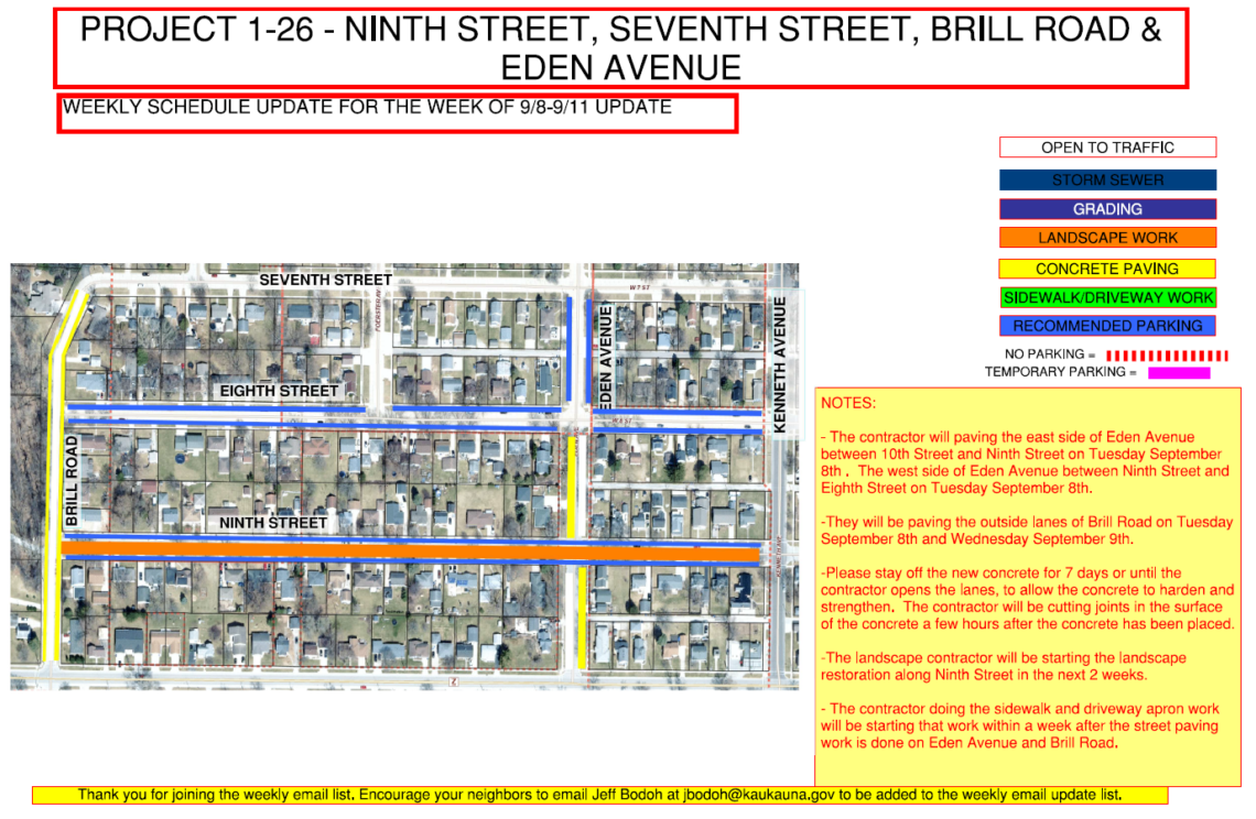 Map showing landscape work on ninth street and concrete paving on Brill Road and a portion of Eden Road.