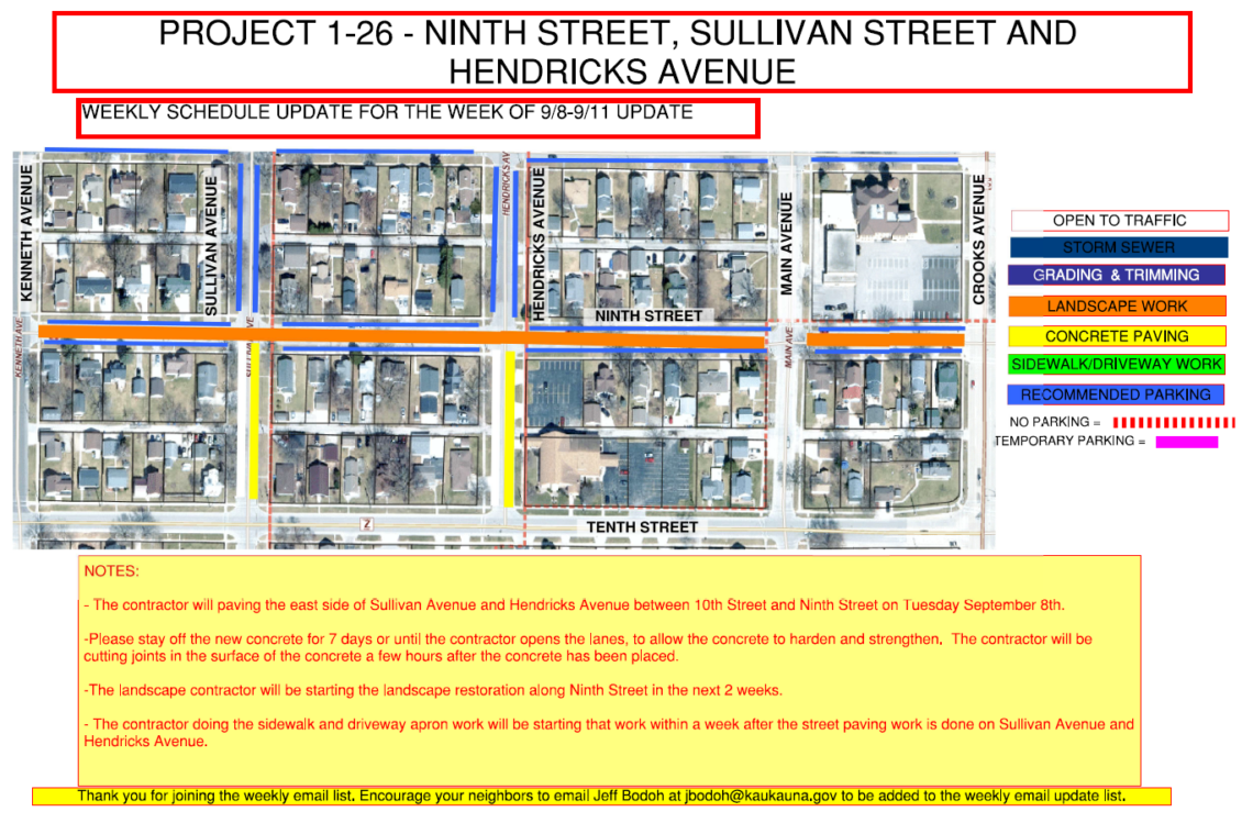 Map showing landscape work on ninth street and concrete paving on Sullivan Ave and Hendricks Ave.
