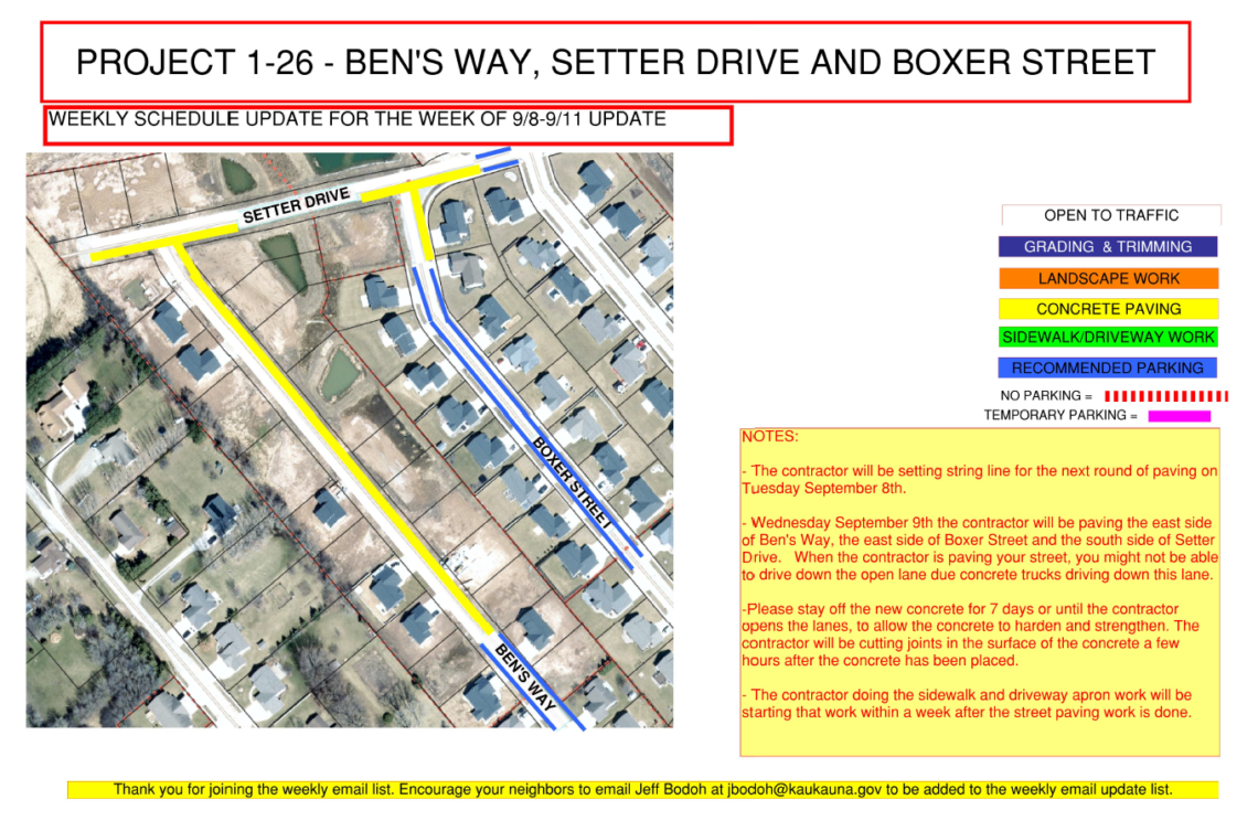 Map of concrete paving on Setter Drive and a portion of Ben's Way and Boxer Street