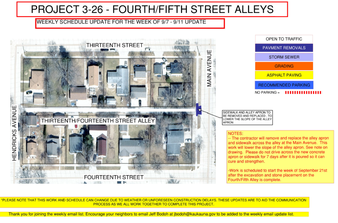 picture of a map showing a small section of sidewalk and alley way being removed and replaced coming onto Main Avenue from the thirteenth/fourteenth street alley