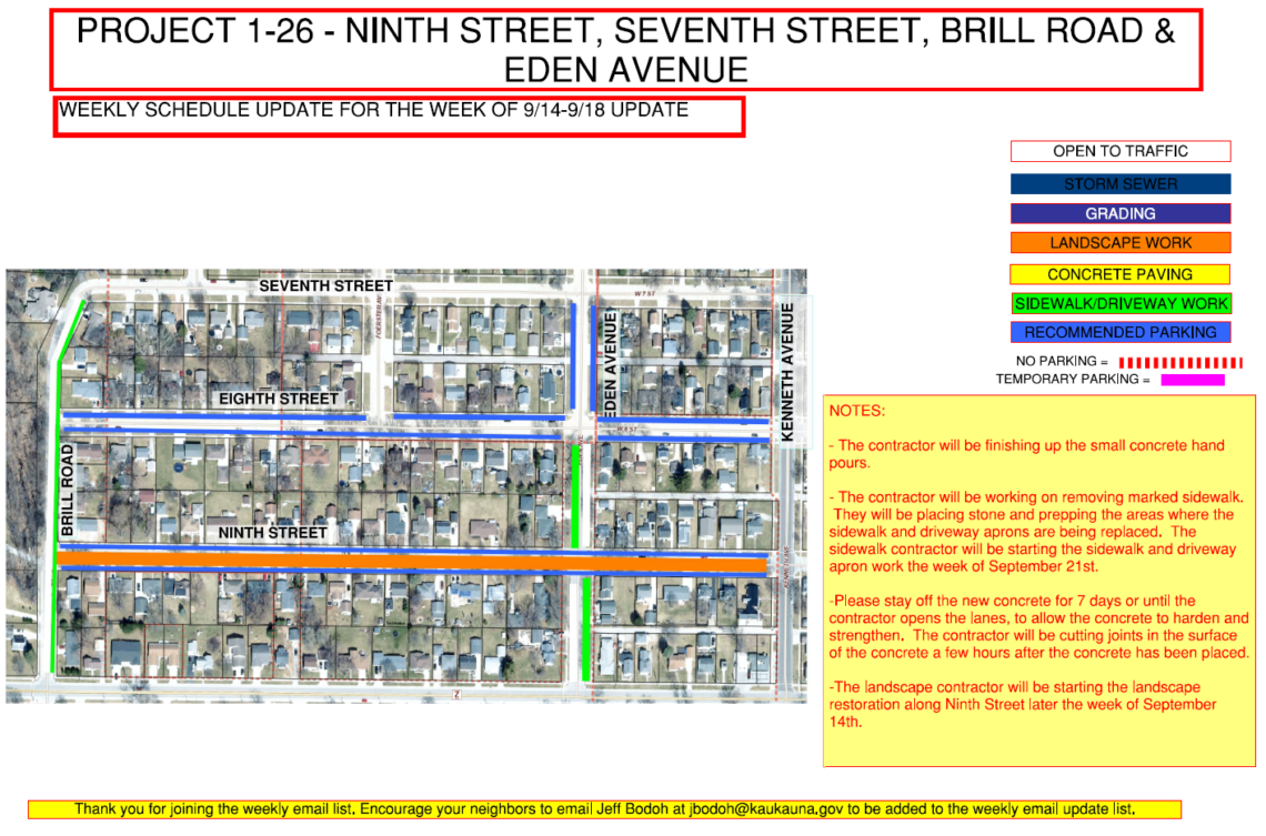 Map showing sidwalk/driveway work on Brill Road and on Eden Ave between Eighth Street and Tenth Street and landscape work along ninth street between brill road and kenneth avenue