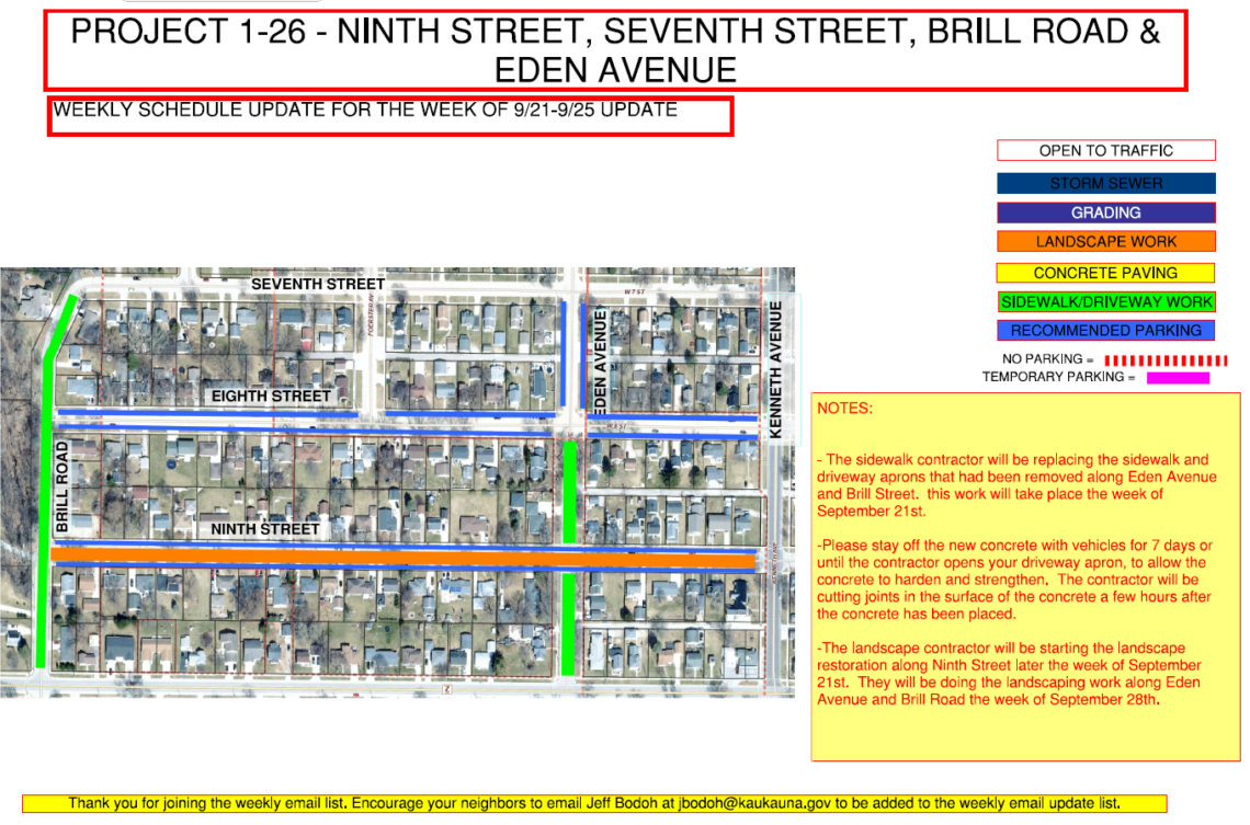 Map showing sidwalk/driveway work on Brill Road and on Eden Ave between Eighth Street and Tenth Street and landscape work along ninth street between brill road and kenneth avenue