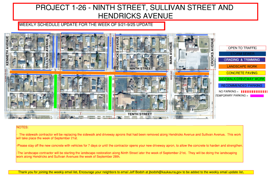 Map showing Sidewalk/driveway work along sullivan ave and hendricks ave between tenth Street and ninth street and landscape work between Kenneth Ave and Crooks Ave