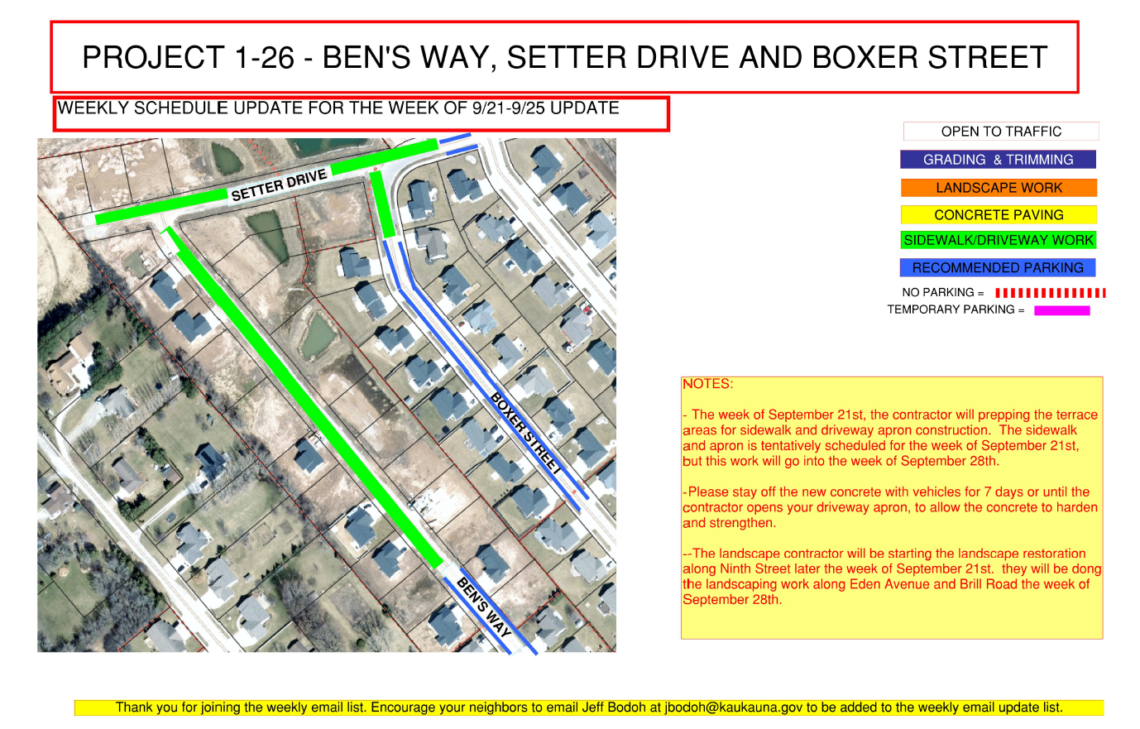 Map showing sidewalk/driveway work on Setter Drive and on Ben's Way and a portion of Boxer Street.