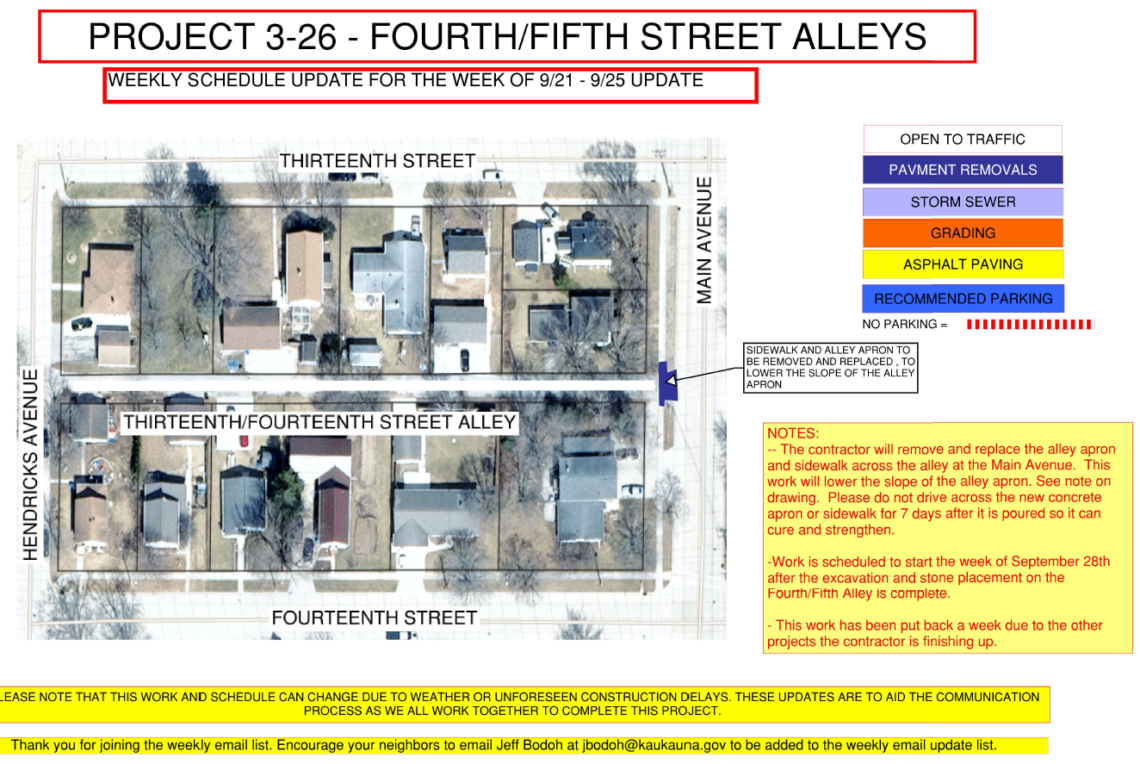 Map showing the sidewalk and alley apron to be removed and replaced on the 13th / 14th street alley and Main Avenue