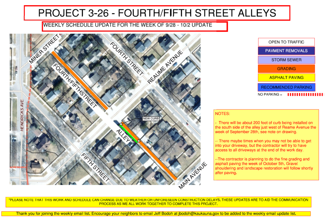 Map showing grading along Fourth/Fifth Street Alley between Miner Street and Main Avenue, and a small portion of new curb going in near Reaume Avenue