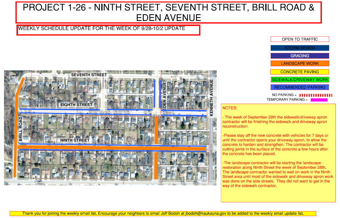Map showing landscape work along Brill Road, Ninth Street between Brill and Kenneth Ave, and Eden Avenue between eighth Street and tenth street