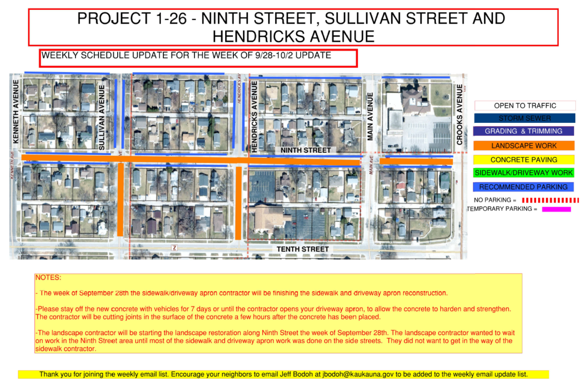 Map showing Landscape work along ninth Street from Kenneth Ave to Crooks Ave and landscaping work along Sullivan Ave and Hendricks Ave from Ninth Street to Tenth Street.
